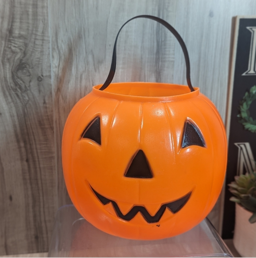 Pumpkin Bucket Orange Black Vintage 80s Blow Mold Pail